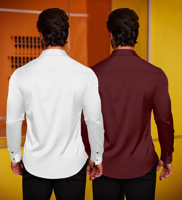 Image of Combo of Men's Premium Satin Cotton Shirt with Full Sleeves & Spread Collar | Smooth Finish | Slim Fit | Stylish Button Down Shirt for Evening, Casual Pack of 2