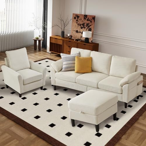 Image of 3 Pieces Corduroy Sofa Set for Living Room with Sofa, Storage Ottoman and Single Chair