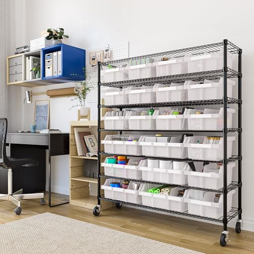 Image of 7-Tier NSF 21-Bin Steel Wire Shelving Rack, 48 inchW x 14 inchD x 56 inchH, Black | 21 slide-out bins with tilt-lock design keep supplies organized and accessible