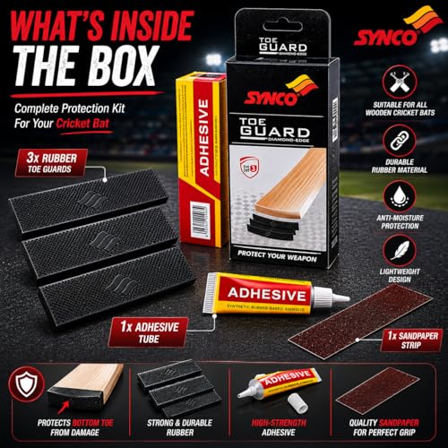 Image of Synco Cricket Bat Toe Guard Kit with Adhesive & Sandpaper, 3 Pcs Rubber Toe Guard Protection, Durable Bat Toe Protection for All Cricket Bats, Anti-Damage Moisture Protection Kit
