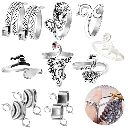 RechicGu 12pcs Adjustable Knitting Ring Loops & Crochet Accessories Yarn Guide Finger Holder Protection Thimble Tool Hat Cat Peacock Leopard