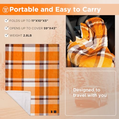 Image of Westinghouse Heated Car Blanket, 12-Volt Electric Blanket for Car, Truck, SUV, RV, Portable Heated Throw for Camping, Orange Buffalo Plaid, 59 inch x 43 inch