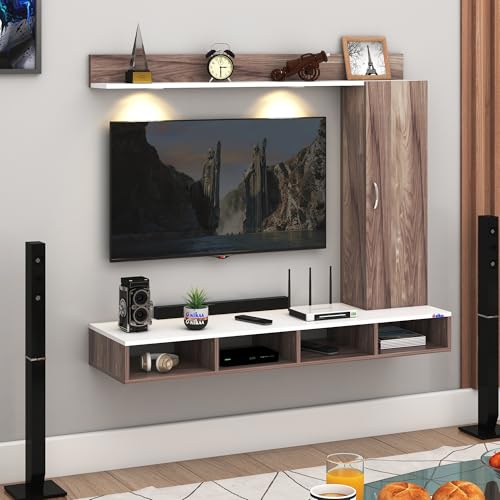 Image of Anikaa Dorex Engineered Wood Wall Mounted TV Unit with LED Lights, Storage Cabinet & Display Shelf for Living Room | Ideal for Upto 55 Inch TV- Coachwood /White(DIY Installation)