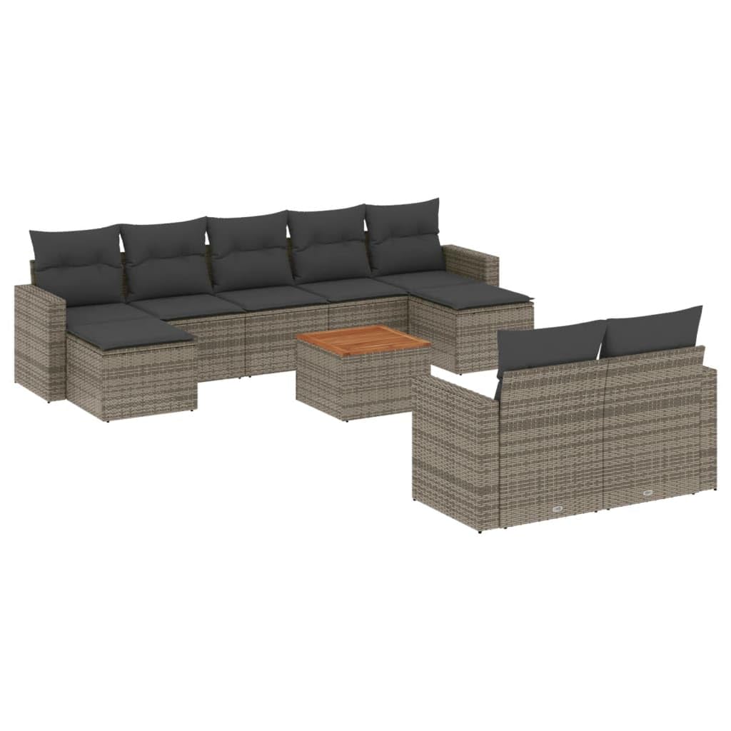 Set da 10 pezzi in polyrattan grigio con cuscini, divano da giardino con fodere sfoderabili e lavabili, design modulare, piano in legno di acacia, gruppo sedute per giardino terrazzo