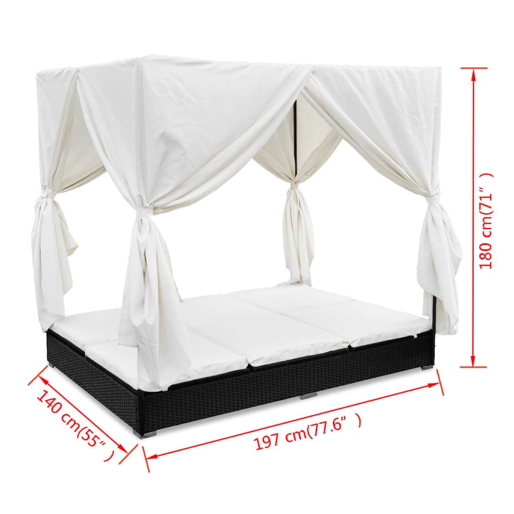 Lit d'extérieur en rotin synthétique résistant aux intempéries, noir, avec cadre en acier revêtu par pulvérisation, 197 x 140 x 180 cm, double chaise longue avec coussins réglables