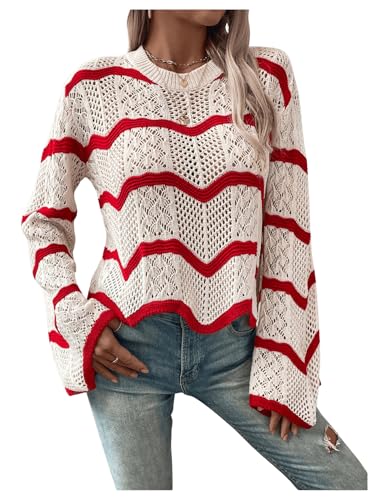 MakeMeChic Women's Crochet Top Chevron Bell Sleeve Crew Neck Hollow Out Long Sleeve Sweater Shirts