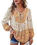 Vidifid Women's Casual Floral Print V Neck Top Loose Boho Long Sleeve Beach Shirts Blouses