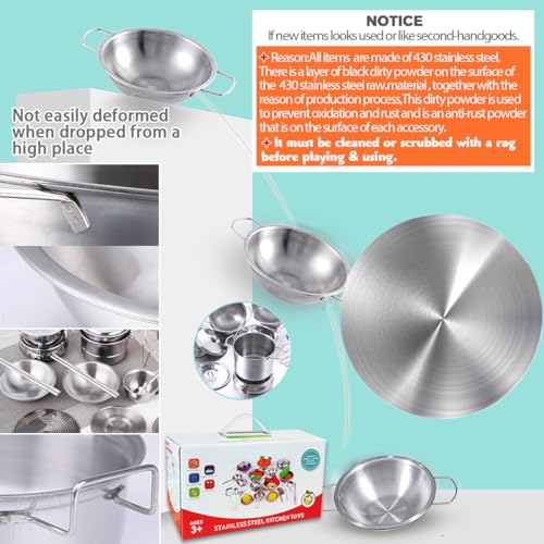 Tiny Classic Stainless Steel Kitchen Toys Cooking Utensils Set-Pretend Play Pots Pans Toy Cookware Kits for Kids Cooking Utensil Set Interactive Learning Role Play Educational Toys for Kids Mini Size - Image 5