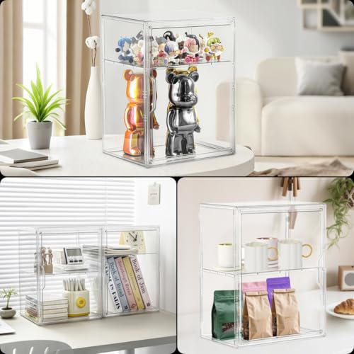 Image of Attelite Acrylic Display Case for Collectibles, Clear Storage Bin with 3 Adjustable Layers, Stackable Storage Box with Magnetic Door for Figures, Home Office,Large,2 Tier Clear Storage Bin,4Pack