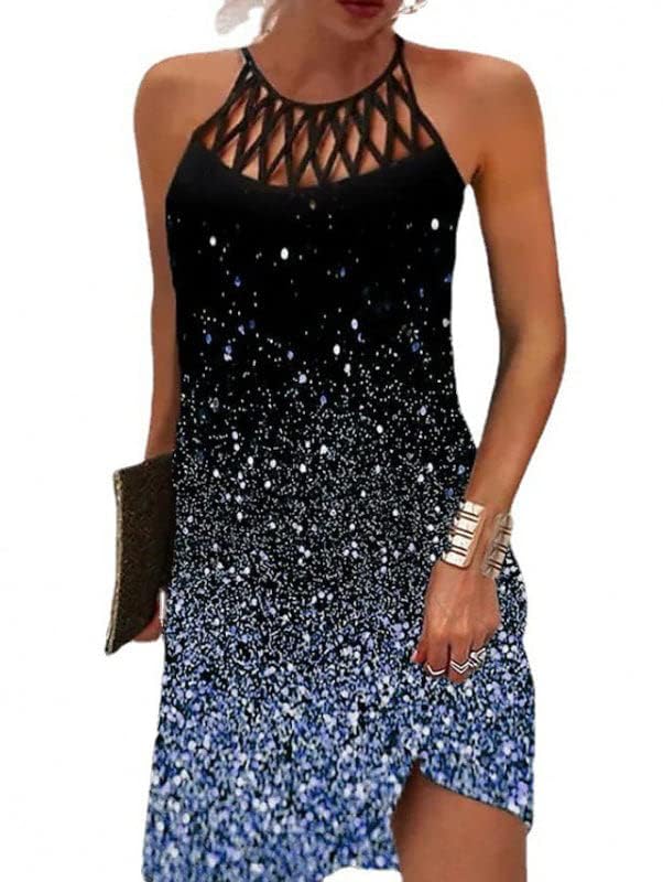 Image of LOVESHOOT Summer Dresses for Women 2026 Casual Floral Hollow Out Halter Neck A-line Sundress for Beach Vacation with Pockets