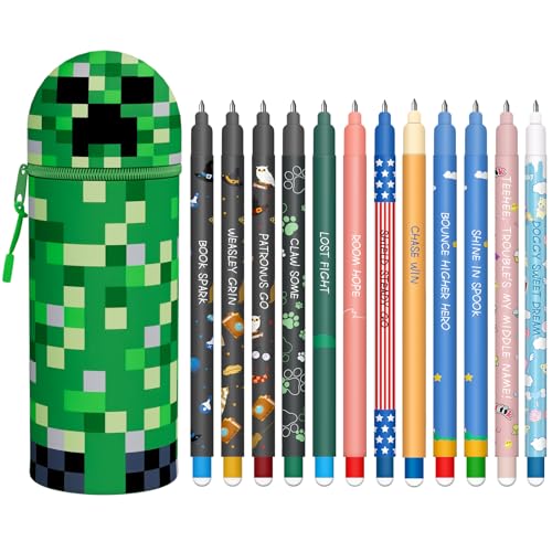 Estuche Escolar de Silicona Blanda 2 en 1, Kawaii, Bolígrafo de gel borrable, tinta negra, Portalápices de Cremallera (Mi mundo + 12 bolígrafos borrables)