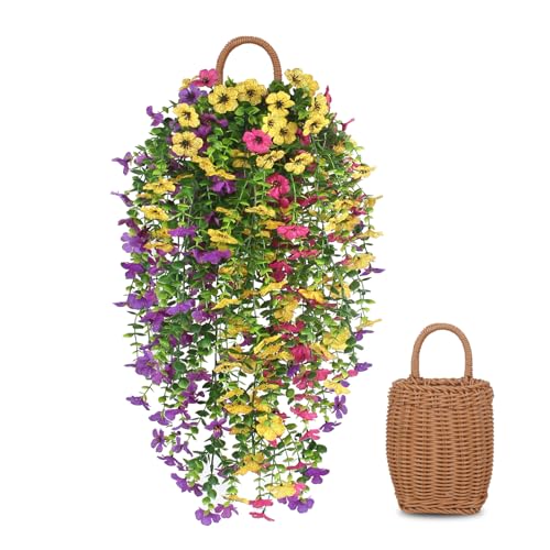 KTGOW 3 PCS Artificial Fake Hanging Flowers Plants with Basket for Spring Outdoor Outside Decoration, UV Resistant Faux Plastic Fabric Flower for Garden Porch Patio Balcony Yard Decor（Mix）