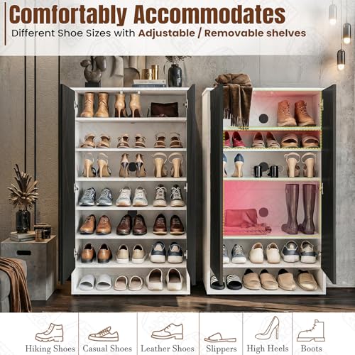 Image of ABOUT SPACE Shoe Cabinet - 7 Tier Shoe Rack with Door & Open Bottom Storage|Press Open 2 Door Engineered Wood Shoes Stand for Home | Smooth Non-Fluted-Effect Adjustable Shelf 18-21 Pair |White & Black