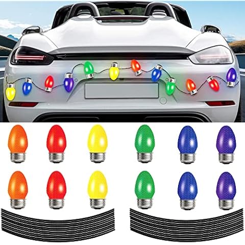 HMASYO 36Pcs Christmas Reflective Car Decorations Magnets Set - 12Pcs Reflective Colorful Bulb Light with 24Pcs Lines Refrigerator Garage Magnet Decals for Birthday Xmas Holiday Cute Decor Cover
