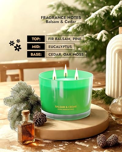 Image of 96NORTH Luxury Candle Balsam & Cedar Scented | Large 3-Wick Jar Candle | Up to 40 Hours Burning Time | 100% Natural Soy Wax | Ideal Christmas Candles Gift