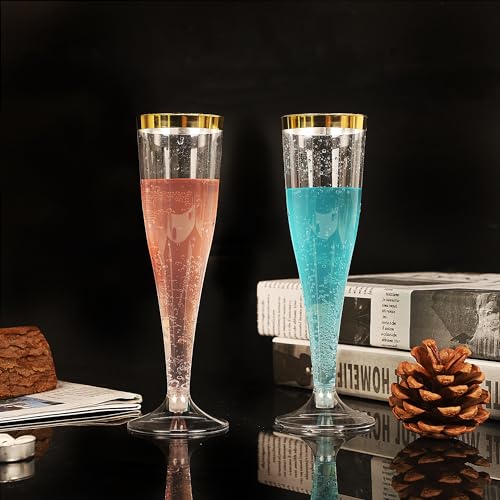 Zcaukya 100 Plastic Champagne Flutes, 4.5oz Clear Disposable Hard Stemware Cups with Golden Rim, Plastic Champagne Glasses for Wedding, Graduation Party, Bridal Shower, Birthday Party - Image 6