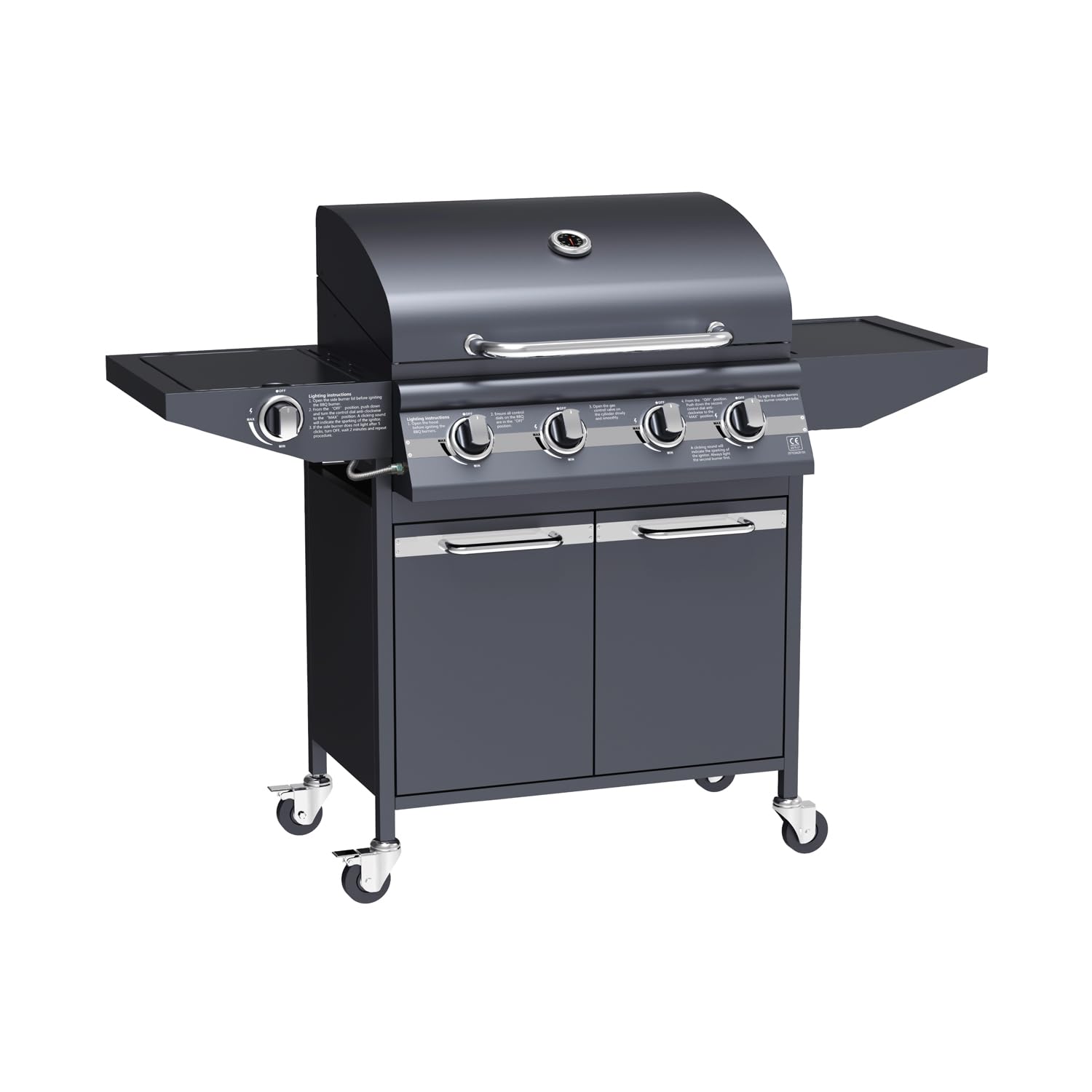 Avilia BBQ Gas 4 Bruciatori, Fornello Laterale, Doppia Griglia, Termometro Integrato e 4 ruote, in Acciaio Lucido Ideale per Giardini e Terrazzi, 136x53x105.5cm, Nero