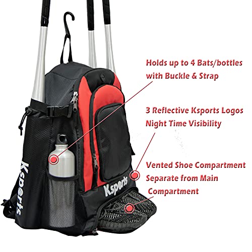 Ksports Baseball Backpack Red- Durable T-Ball & Softball Equipment Bag - Bat, Helmet, Glove, Gear Storage - Shoe Compartment & Fence Hook - Ideal For Amateur & Professional Players #TOP1
