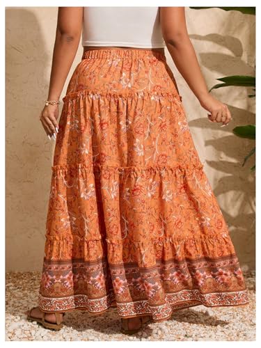 Verdusa Women's Plus Size Boho Floral Print Ruffle Skirt Elastic High Waist Loose Long Skirts2