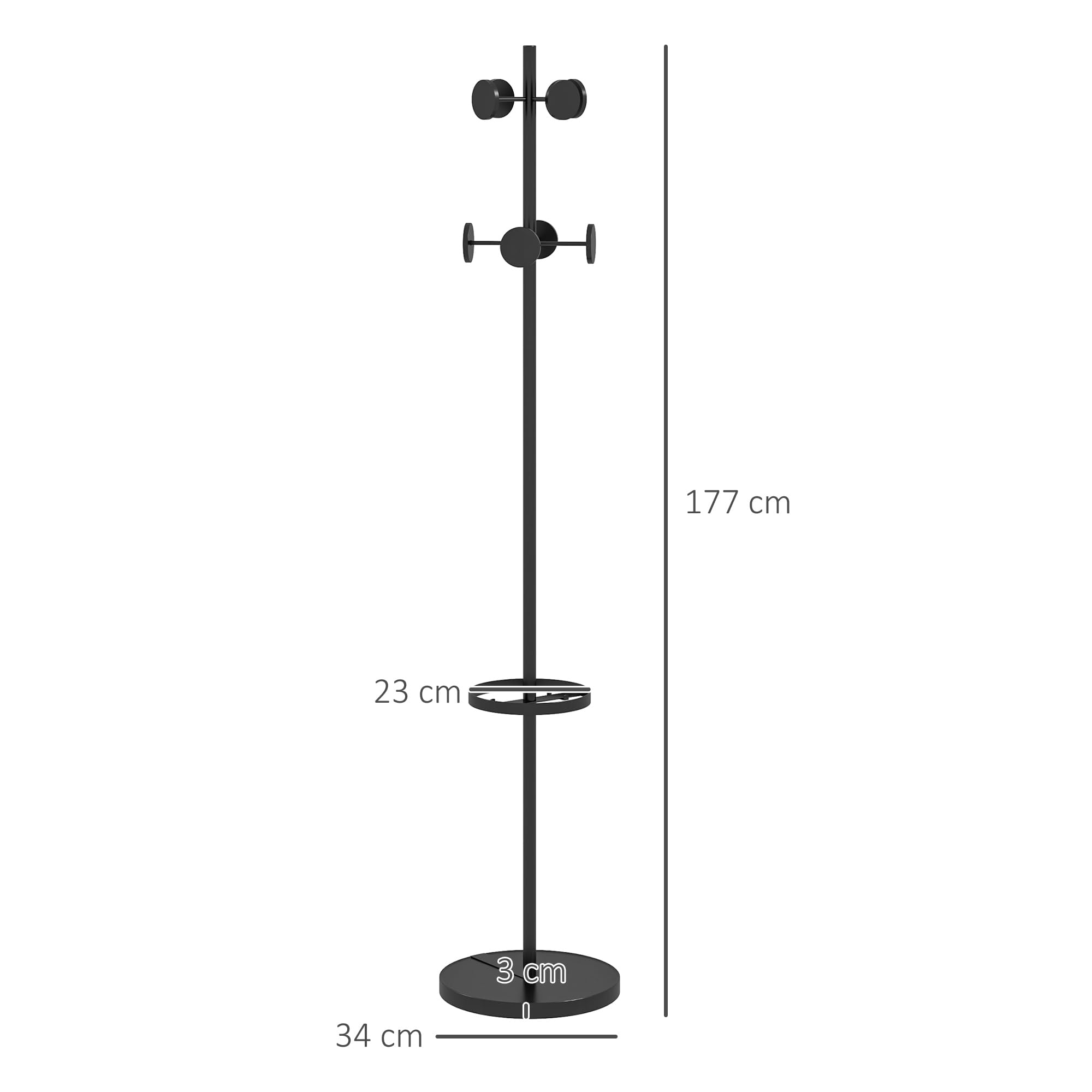 HOMCOM Appendiabiti da Terra con 8 Ganci in Metallo, Attaccapanni da Ingresso e Corridoio con Portaombrelli, Ø34 x 177cm, Nero