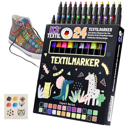 K2 TEXTIL 24 Textilstifte – Waschmaschinenfest, Feine Spitze, Permanent für Kleidung & Schuhe, Kein Ausbluten, Ungiftig, Für Kinder geeignet
