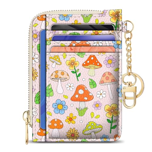 Image of GIANCOMICS Slim Wallet Credit Card Holder Women, Cute Mushroom Rfid Blocking Small Card Case, Keychain Thin Pocket Curved Zipper Wallet, Travel Card Holder PU Leather ID Window, Ladies Female Gifts