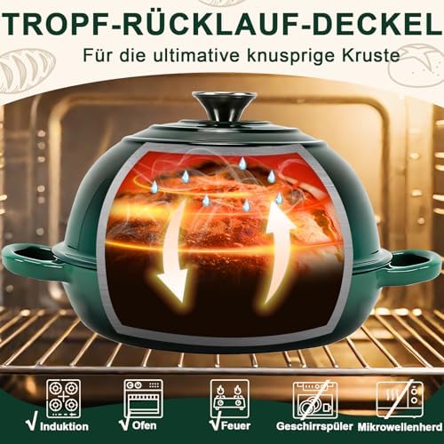 Bild 2 - Gusseisen Topf Brot Backen,5,7L Bräter Emaille Schmortopf mit Deckel und Griffen,26 cm Dutch Oven,Brotbacktopf mit Gärkorb,Schmortopf Gusseisen Topf für Küche Backen Schmoren & Braten (Grün)