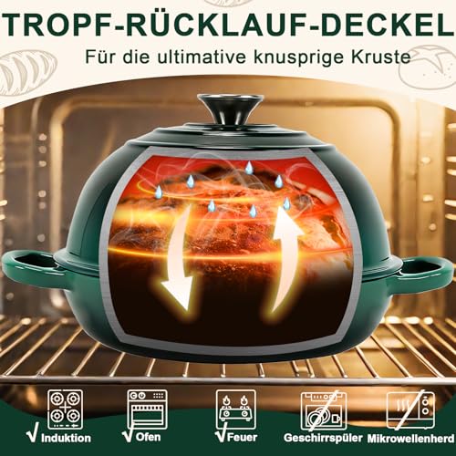 AHJ Gusseisen Topf Brot Backen, 5,7L Brotbacktopf mit Gärkorb & Silikonmatte,Emaille Dutch Oven 26cm für Sauerteig Brot, Bräter Schmortopf für Backen Schmoren & Braten,Geschenk für Brotbäcker (Grün) 3