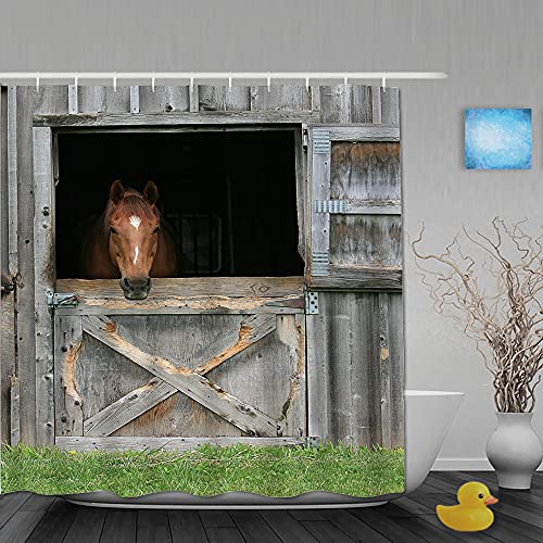Kaireno Cortina de ducha de granja, temática de país occidental, linda tabla de madera de pastizales de caballo, juego de baño retro, cortinas de tela rústica, 183 cm de largo, gris marrón