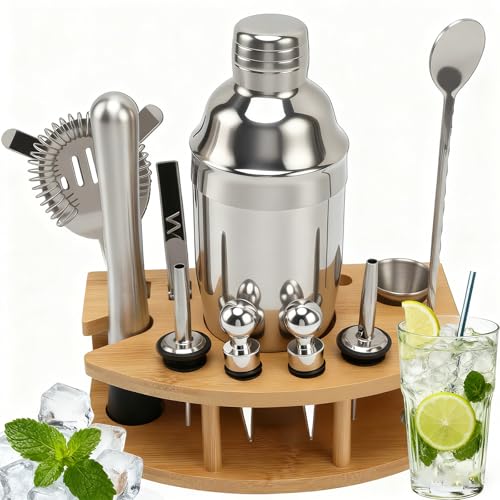 Fesatccoz Cocktail Shaker Set 12pcs Stainless Steel Cocktail Making Kit with Bamboo Stand Bartender Kit for Home Bar and Cocktail Enthusiasts​ Men Christmas Birthday Gift