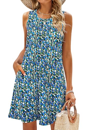 Image of SimpleFun Summer Dresses for Women Beach Floral Tshirt Sundress Casual Pockets Boho Tank Dress