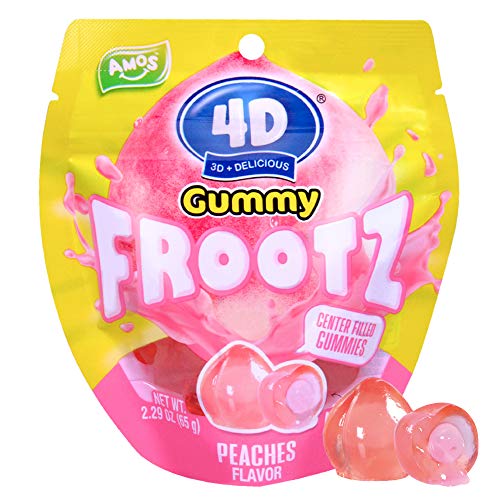Amos 3D Gummies Frootz Peaches Mini Center Filled Gummy Candy Real Fruit Juice Natural Colors And Flavors No Preservatives For Valentines Kid Party 2.29Oz Per Bag (12 Bags)