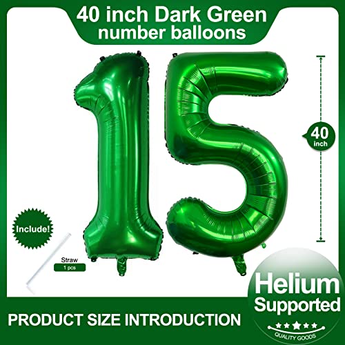 Image of Number 15 Dark Green Balloons 40 Inch Giant Green 15 Numer Foil Helium Balloons for 15th Green Birthday Party Supplies 51st Anniversary Events Decorations