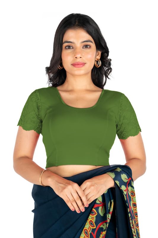 Image of Abhi Cotton Readymade Saree Blouse for Women- Half Net Sleeves, Round Neck, Regular-fit, Stretchable, Pull-on Style Blouse