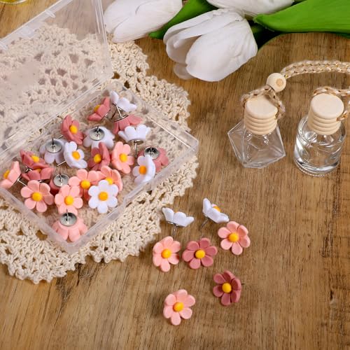 30 pinos de pressão de flores, pinos decorativos, tachas de polegar decorativas rosa, pinos de press