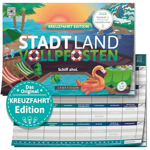 DENKRIESEN - Stadt Land VOLLPFOSTEN® - Kreuzfahrt Edition | DIN A4 Spielblock | Ab 9 Jahren | Familienspiel | Stadt Land Fluss | Kreuzfahrt Thema | 26 kreative Kategorien | Perfekt für Kreuzfahrtfans