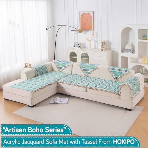 Image of HOKIPO 'Artisan Boho Series' L Shape (2+2 Seater) Seat Mat for Sofa | Thick 450 GSM Cotton Acrylic Jacquard Fabric Cover with Tassel, Aqua Blue (IN-902+903-A4)