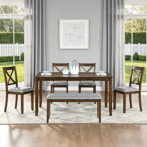 Image of LUMISOL 6 Piece Dining Table Set for 6, Solid Wood Kitchen Table with 4 Chairs and Bench, Farmhouse Dining Table Chair with Bench Set for Kitchen, Living Room, Walnut Grey