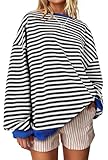 UEU Sudadera de Gran tamaño a Rayas con Cuello Redondo para Mujer, Manga Larga, Bloque de Color, Informal, Holgada, para Entrenamiento, Raya Negra, S