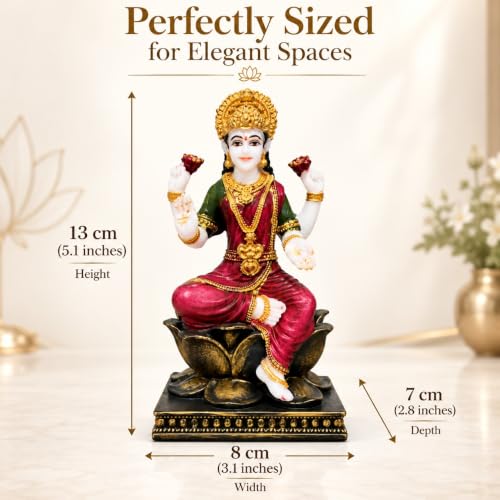 Image of ARMONIA Laxmi Mata Idol with Lotus Throne & Golden Crown | Mahalakshmi Devi Murti for Home Mandir, Pooja Room, Living Room & Office | Lakshmi Statue for Varalakshmi, Diwali & Housewarming Gift | 13 cm