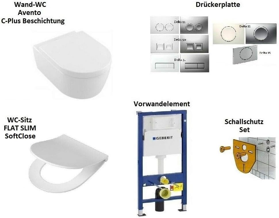 V&B Avento Complete Set Wall-Mounted Toilet with C.Plus Toilet Seat SoftClose Geberit Element UP100 + Push Plate Delta 21 in White