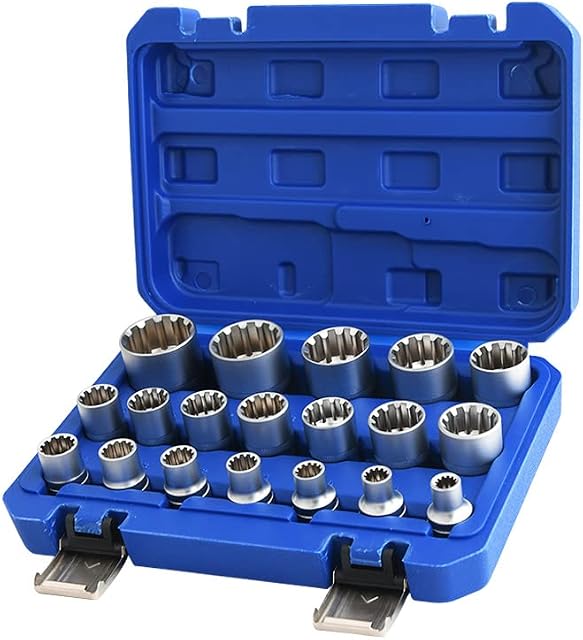 Spline Socket Set 1/2" Drive Universal Metric 8-32mm 12-Point Cr-V Socket Kit 19pcs