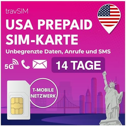 travSIM USA SIM Karte | T-Mobile Netz | Unbegrenzte Daten, Anrufe & Texte in den USA | SIM Karte USA funktioniert auf iOS & Android Geräten | SIM USA 14 Tage