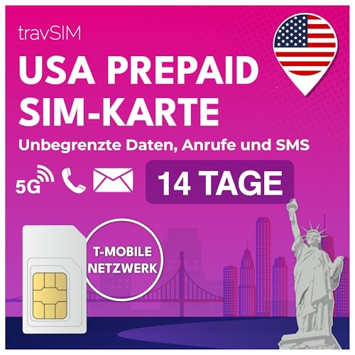 travSIM USA SIM Karte | T-Mobile Netz | Unbegrenzte Daten Anrufe & Texte in den USA | SIM Karte USA funktioniert auf iOS & Android Geräten | SIM USA 14 Tage