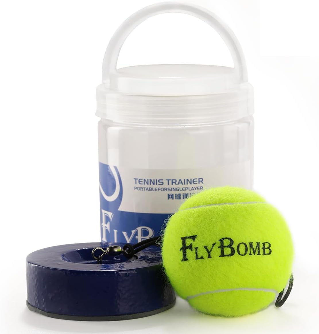 Flybomb Tennis Trainer Rebound Ball – 14.1 Ft Retractable String & Heavy Iron Base – Portable & Easy to Use – Tennis Practice for Adults & Kids – Tennis Serve Trainer – Solo Tennis Training Equipment