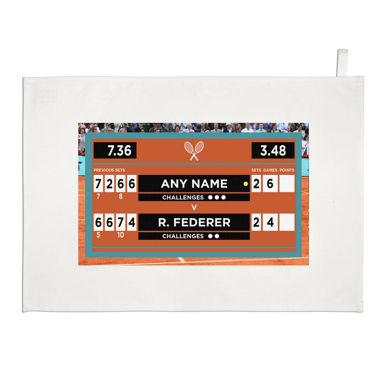 Personalised Tennis Scoreboard Clay Tea Towel Name & Opponent Sections Can Be Changed