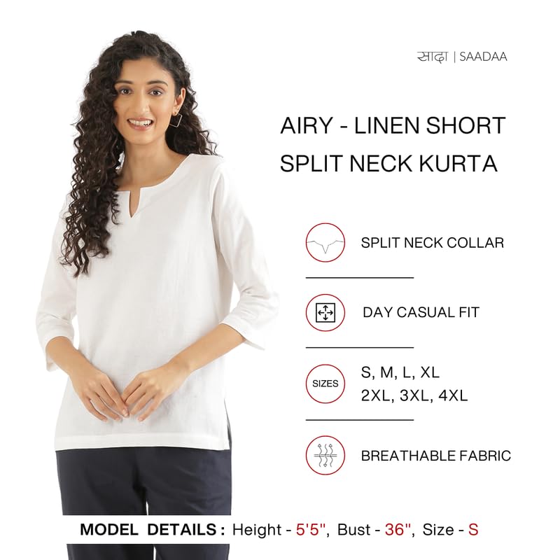 Image of SAADAA Airy Linen Split Neck Short Kurta for Women | Casual & Office Wear | 3 /4 Sleeves, Comfortable Fit | Elegant Top | Lightweight & Breathable Fabric |