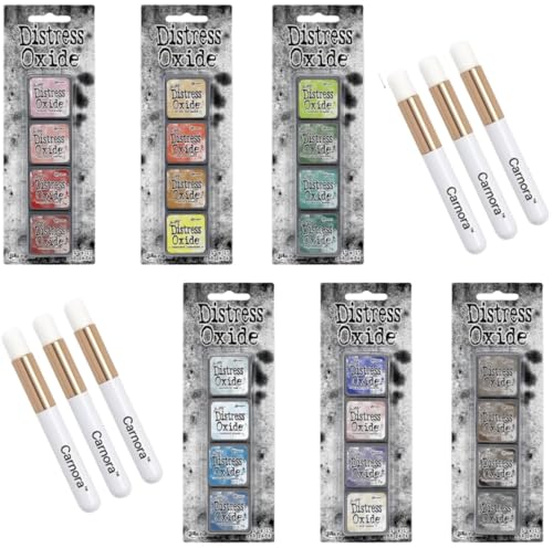 Tim Holtz Ranger Mini Distress Oxide Ink Cube Pads Kits 7 8 9 10 11 12-24 Colors 6 Carnora Blending Brushes