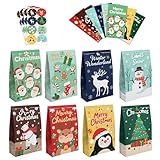 bluaqua Christmas Gift Bags 32 Pack - Small Treat Bags with Stickers for Candy, Party Favors, Goodie Bags (8 Designs, 8.6x5.1x3.1 Inches)