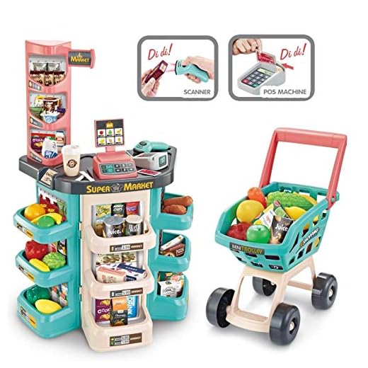 SobeiKre Shopping Grocery Play Store for Kids with Shopping Cart and Scanner-Green